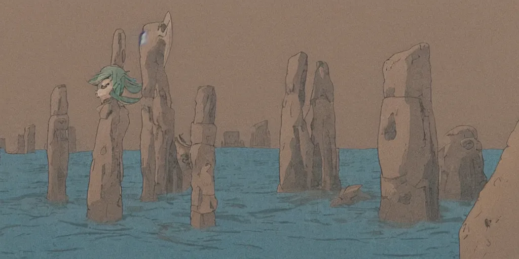 Image similar to a realistic cell - shaded studio ghibli concept art from paprika ( 2 0 0 6 ) of a tan dolphin from close encounters of the third kind ( 1 9 7 7 ) in a flooded monument valley stonehenge. very dull colors, wide shot, hd, 4 k, hq