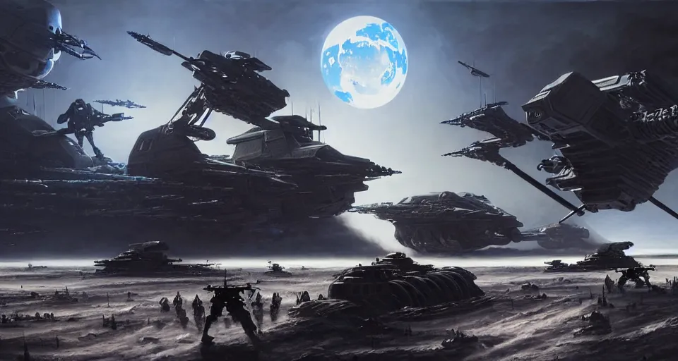 Image similar to hyper realistic sci - fi matte concept art painting of epic cinematic battle between mechwarriors fighting on the moon, guns, missiles, explosions, beautiful details, strong composition painted by kim jung guweta studio rutkowski, james gurney and greg rutkowski, and lucasfilm, smooth, intricate, detailed, sharp focus, cinematic