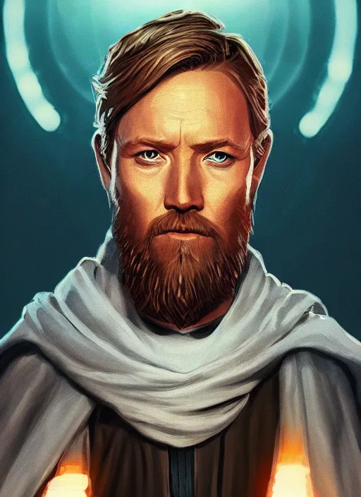 Image similar to a portrait of obi - wan kenobi as a jesus, cyberpunk, grim - lighting, high - contrast, intricate, elegant, highly detailed, digital painting, artstation, concept art, smooth, sharp focus, illustration