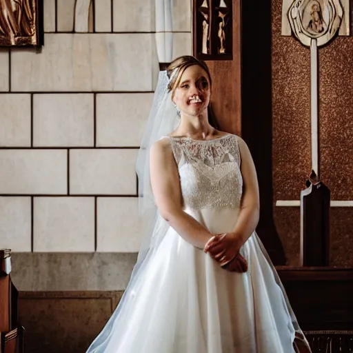 Image similar to a close up portrait of a woman in a wedding dress standing at a church alter