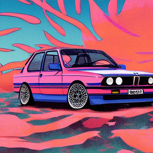 Prompt: digital illustration of bmw e 3 0 in a coral reef, by makoto shinkai, ilya kuvshinov, lois van baarle, rossdraws, basquiat