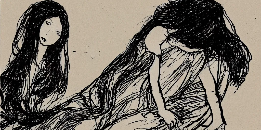 Image similar to ink lineart drawing of beautiful woman in a nightgown, white background, etchings by goya, chinese brush pen illustration, high contrast, deep black tones, contour