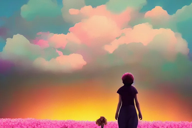 Prompt: giant dahlia flower as a head, girl walking on mountain, surreal photography, pink storm clouds, dramatic light, impressionist painting, digital painting, artstation, simon stalenhag