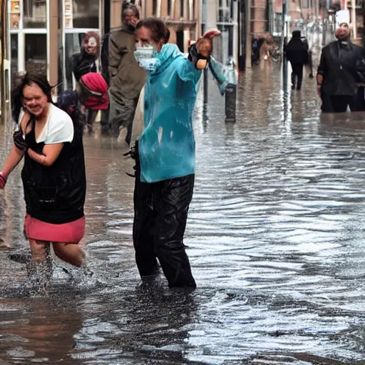 Prompt: people on street get flooded on chocolate liquid rain,