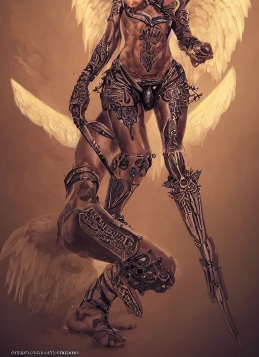 Image similar to Portrait of Ratajkowski as an angel warrior legs, completely covered by armour and runes , angelical runes tattooed all over his legs, intricate down body, whole body, highly detailed, digital painting, artstation, concept art, smooth, sharp focus, illustration, art by Hajime Sorayama