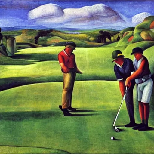 Image similar to Three golfers on a beautiful golf course, by Diego Rivera