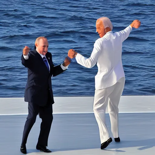 Prompt: biden and putin dancing on the ocean