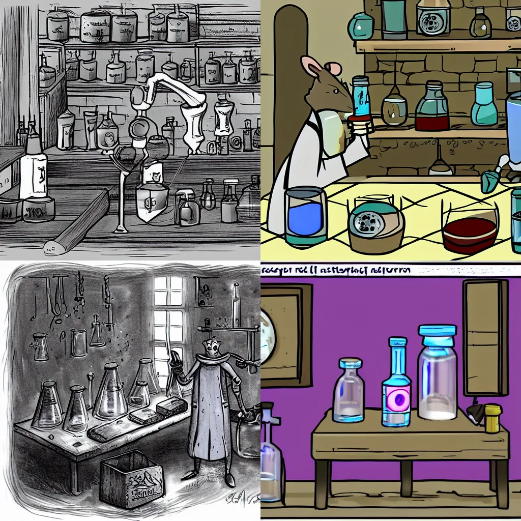 Prompt: rat alchemist in a laboratory creating potions concept art