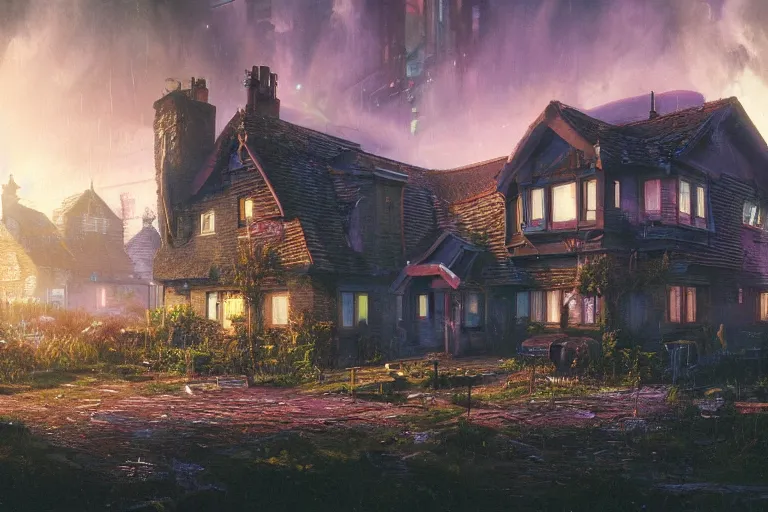 Image similar to cyberpunk, an estate agent listing photo of a 5 bedroom detached house in the countryside, by Paul Lehr, highly detailed, photorealistic, unreal engine, 8k, anamorphic, cinestill cinematrography