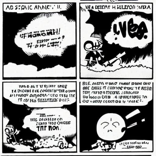 Prompt: a cute cartoon about an angry atomic bomb, sunday morning comic strip, black and white