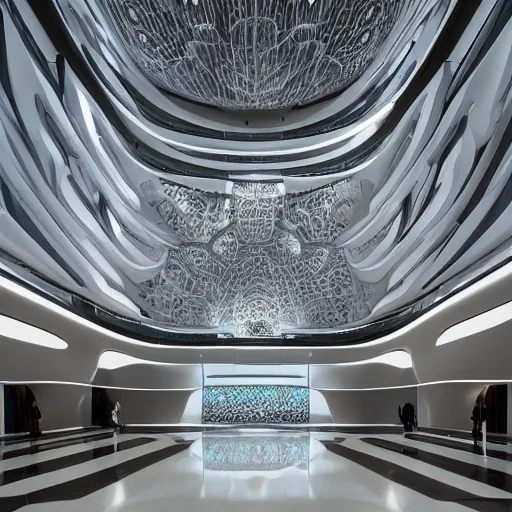 Image similar to extremely detailed ornate stunning beautiful elegant futuristic museum lobby interior by Zaha Hadid