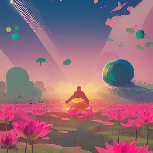 Prompt: a huge lotus in the center of a meadow of various colors. bright sunny day, in the style of katamari damacy, scattered glowing pink fireflies, soft vaporwave liminal aesthetic. 3 d blender by tomer hanuka, greg rutkowski, beeple, sharp focus, digital painting, concept art