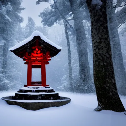 Image similar to a lonely shrine in a snowy forest at night, dim lighting from torches, 8 k award - winning photography