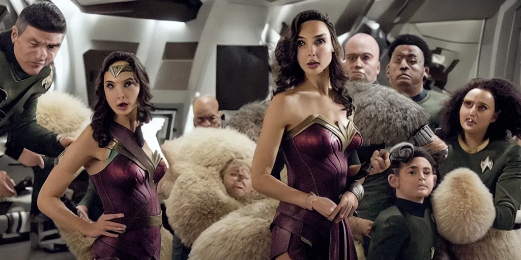 Image similar to Gal Gadot and Tribbles, Tribbles and more Tribbles in a scene in the next Star Trek movie