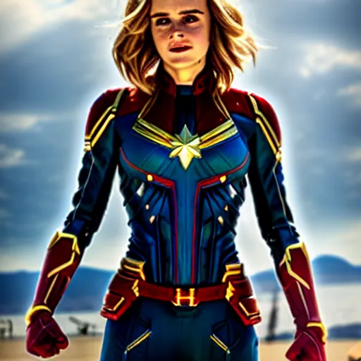 Image similar to Emma Watson modeling as Captain Marvel, (EOS 5DS R, ISO100, f/8, 1/125, 84mm, postprocessed, crisp face, facial features)