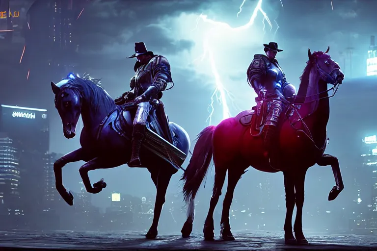 Prompt: on a beautiful cyberpunk florest theres a cyberpunk knight riding a cyberpunk horse, cinematic lightning, ray tracing, unreal engine 5, photorealistic, 8 k, uhd, 4 k, red dead redemption 2 game concept, extremely detailed, beautiful, elegant, intricate, foggy, in - game footage