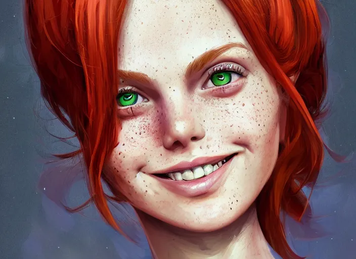 Image similar to portrait of a beautiful smiling girl with orange hair and freckles, green eyes, highly detailed, digital painting, concept art, smooth, sharp, focus, background is purple, artstation, style by Laia López