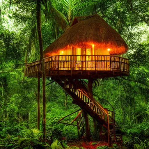 Image similar to a treehouse in a lush jungle during a thunderstorm in the night