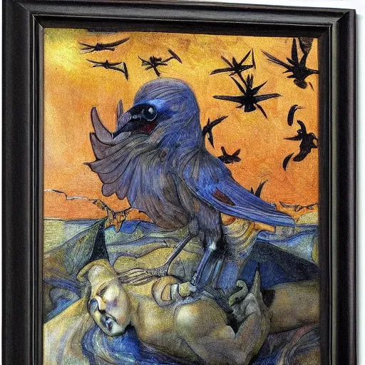 Image similar to war between the crow crown and the house of moths, by Annie Swynnerton and Diego Rivera, symbolist, dramatic lighting, elaborate geometric ornament, god rays, rich colors,smooth, sharp focus, extremely detailed