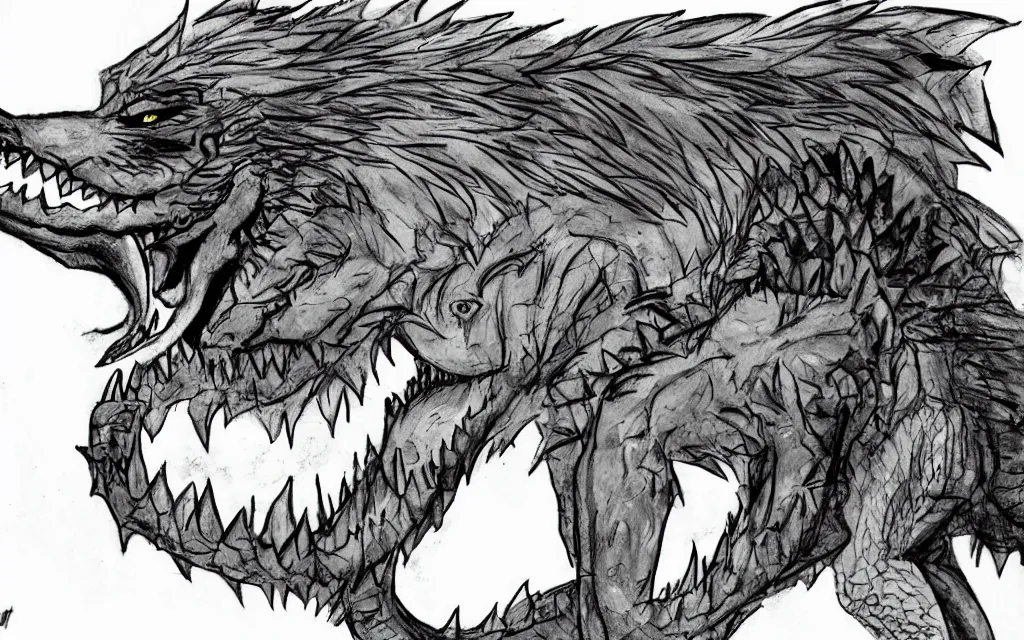 Prompt: chimera made of a wolf and a crocodile, trending on deviantart, trending on pixiv