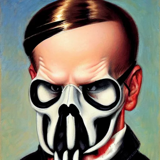 Image similar to frontal portrait of a suited blond with medical gloves and a skull face mask, by Gerald Brom and Norman Rockwell