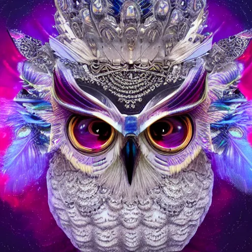 Image similar to detailed portrait of a alien magical owl, wearing a diamond crown, glowing feathers, halfway through, hyper detailed, stylistic, symmetrical, ethereal bohemian, detailed render, hdr, octane render