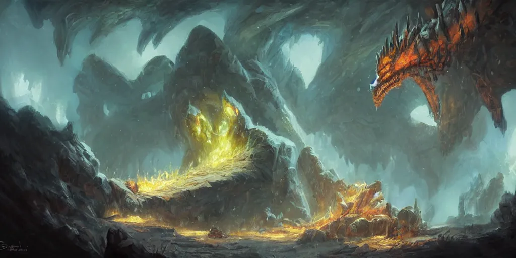 Image similar to closed up oil painting of one deathwing dragon from world of warcraft in a cave by greg rutkowski