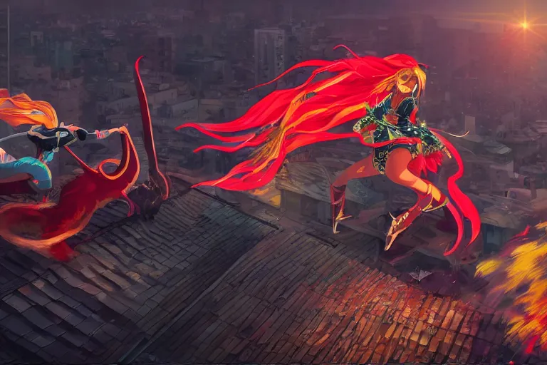 Image similar to beyonce dressed as a ninja riding a red horse is attacking an powerful goddess on a harlem rooftop, highly detailed, 4k resolution, lighting, anime scenery by Makoto shinkai