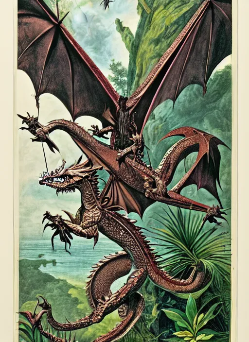 Image similar to game of thrones dragon in a tropical forest, john james audubon, ernst haeckel, intaglio, sharp focus