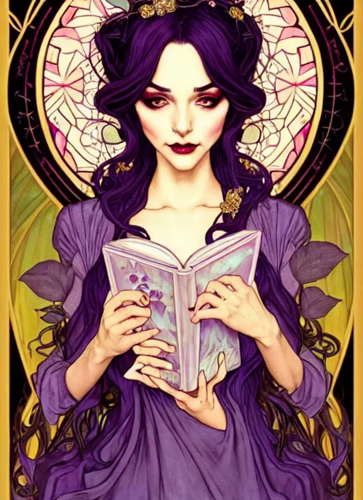 Prompt: fantastic portrait of a beautiftul witch aside a fire magic book, royally decorated crystal gemstones, symmetrical face, art nouveau, portrait, cute, fairy, by artgerm, kelly mckernan, charlie bowater, alphonse mucha, detailed background, artstation, intricate, elegant, highly detailed