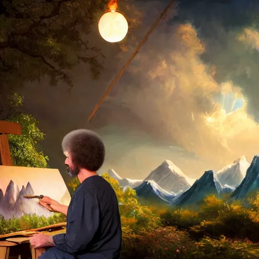 Image similar to a closeup photorealistic photograph of bob ross working on a canvas painting of dr. strange. film still. brightly lit scene. mountains and trees. this 4 k hd image is trending on artstation, featured on behance, well - rendered, extra crisp, features intricate detail, epic composition and the style of unreal engine.