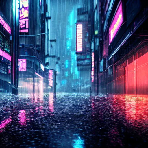 Image similar to 8 k artstation photograph rainy city cracked and crumbling into the ocean with scifi cyberpunk aesthetic hyper realistic