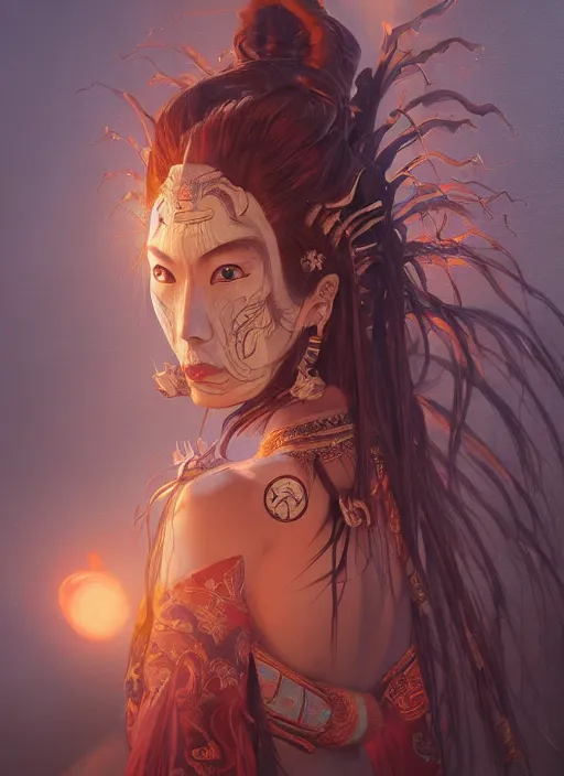 Prompt: a beautiful detailed oil on copper art illustration of a waka onna mask shogun devil woman, centered, by charlie bowater, zeng fanzh, trending on artstation, dim dusk lighting, cinematic lighting, detailed lighting, volumetric lighting, realistic, f 8, 4 k hd wallpaper