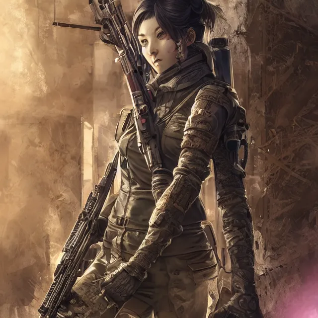 Image similar to the portrait of lawful neutral female cyberpunk marine sniper as absurdly beautiful, gorgeous, elegant, young gravure idol, an ultrafine hyperdetailed illustration by kim jung gi, irakli nadar, intricate linework, bright colors, octopath traveler, final fantasy, unreal engine 5 highly rendered, global illumination, radiant light, detailed and intricate environment