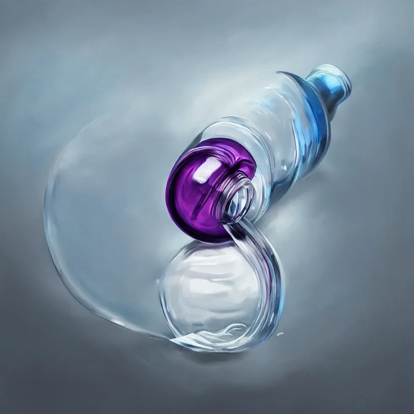 Prompt: concept art of an ethical dietary supplement in a round transparent bottle with black sticker on it, filled with a blue magenta iridescent liquid, by aenaluck, artgerm and roberto ferri and greg rutkowski, light blue and white tones, digital painting, artstation, concept art, smooth, sharp foccus ilustration hq