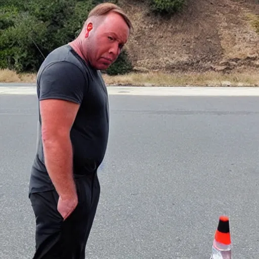 Image similar to alex jones begging for money on the side of the road, award winning press photo