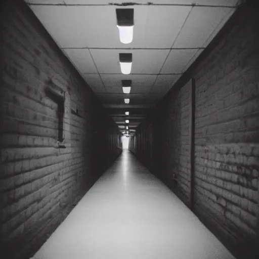 Prompt: a creepy long dark hallway with Samara Morgan standing at the end of it, liminal space, 35mm photograph, flash photography