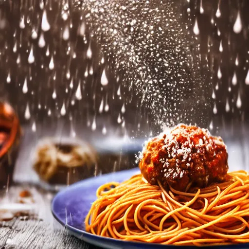 Prompt: raining spaghetti and meatballs, 4k HD award winning photograph, wide shot, long depth of field