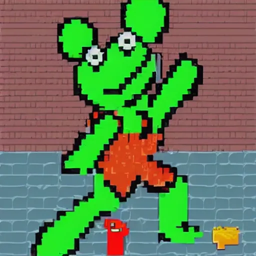 Image similar to 1 6 bit, pixel art, kermit the frog fighting a clown on the sidewalk, a clown is beat up on the floor by big kermit