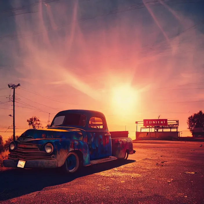 Image similar to a sunset light landscape with historical route 6 6, lots of sparkling details and sun ray ’ s, blinding backlight, smoke, volumetric lighting, colorful, octane, 3 5 mm, abandoned gas station, old rusty pickup - truck, beautiful epic colored reflections, very colorful heavenly, softlight