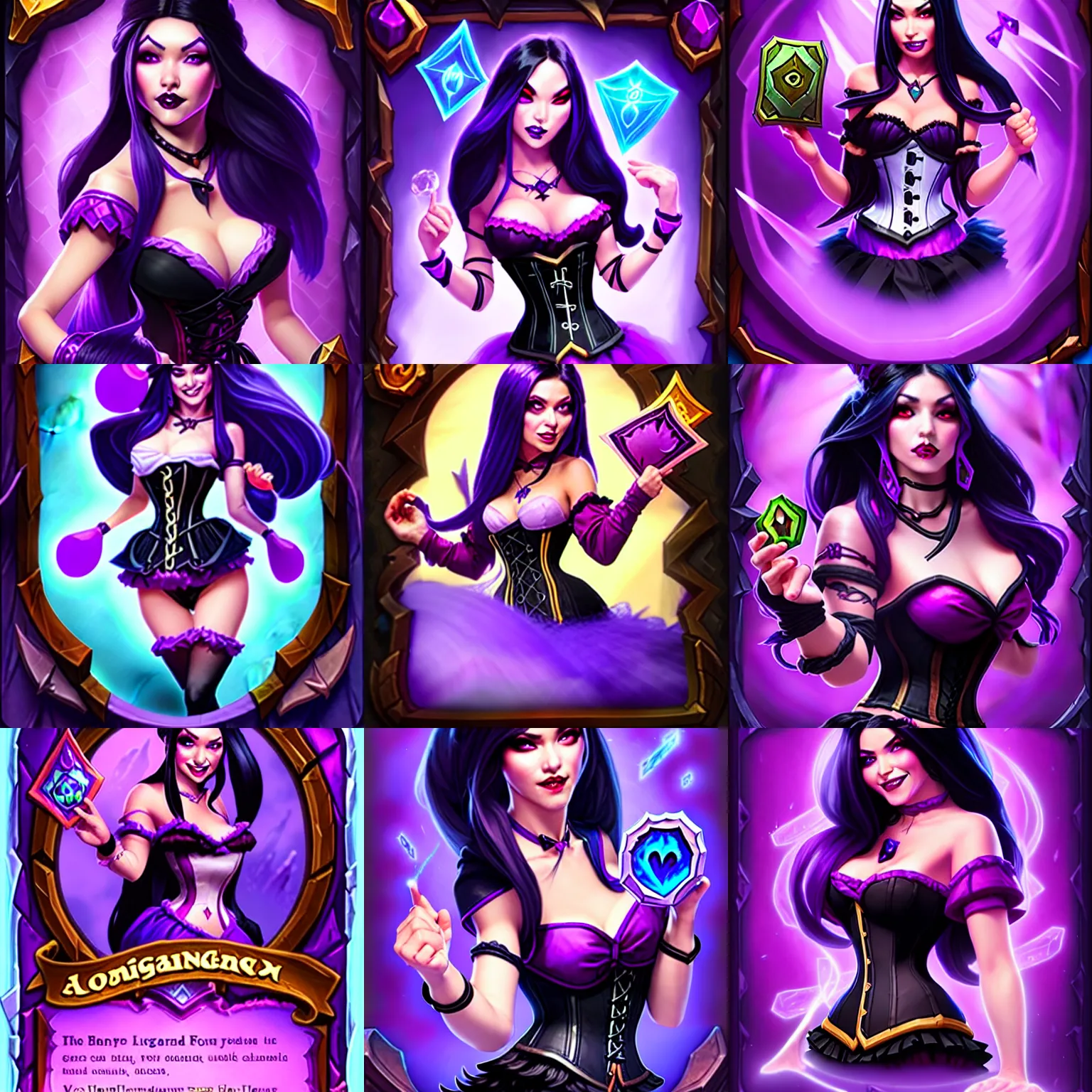 Image similar to a beautiful woman with long black hair, wearing a black corset top and a purple tutu, Hearthstone official splash art