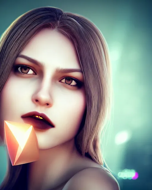 Image similar to realistic concept of a young female game character with big equilateral triangle in place of a mouth, detailed portrait, bokeh. 8k, sharp high quality photo