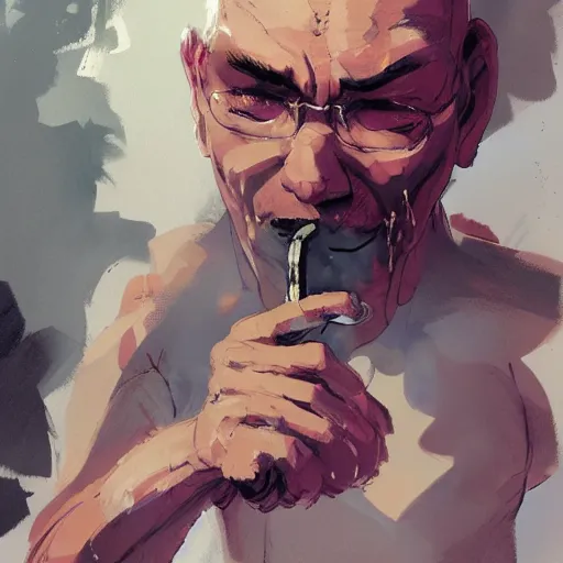 Prompt: concept art for a balding middle - aged character wearing a singlet while smoking, by dustin nguyen, akihiko yoshida, greg tocchini, trending on artstation, 8 k