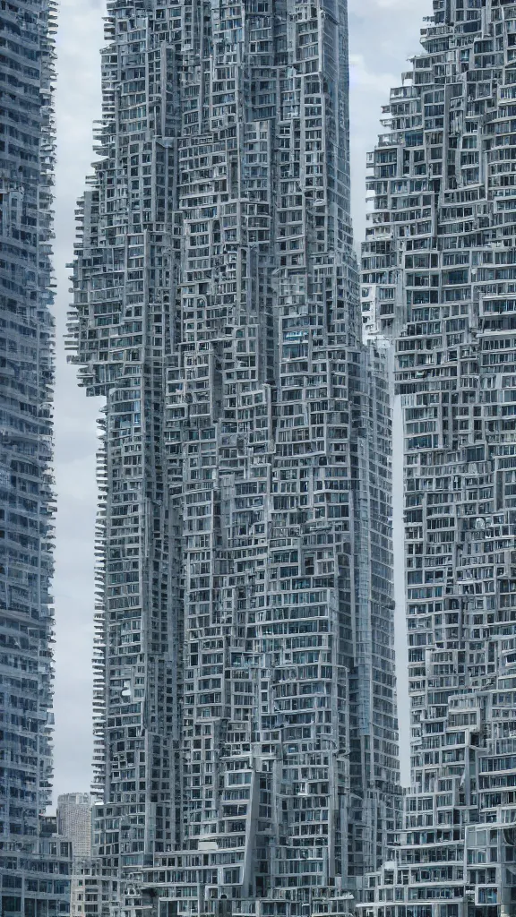 Prompt: ultrarealistic photo of a futuristic building in a urban setting. the close - up photo of the building has many deep and tall balconies. in the background are many thin random columns and large windows. multicolored fabric hangs from most balconies. large greeble articulated details. sharp focus. 8 k