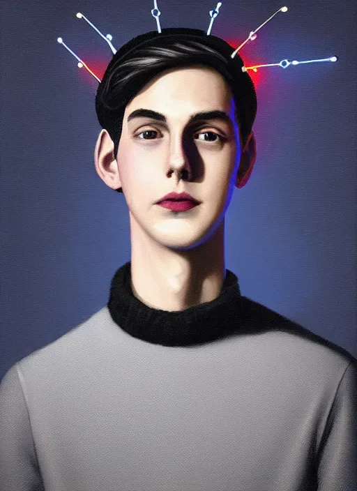 Image similar to portrait of teenage jughead jones wearing a light grey crown, crown, blue turtleneck, 1 9 5 0 s, closed eyes, photorealistic, black hair, glowing lighting, intricate, elegant, glowing lights, highly detailed, digital painting, artstation, concept art, smooth, sharp focus, illustration, art by wlop, mars ravelo and greg rutkowski