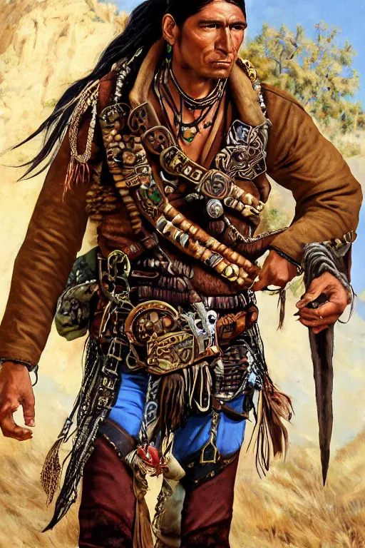 Prompt: fantasy western character portrait of a thin native american indian man in his early 3 0 s, wearing traditional cargo buckskin jacket buckskin tactical toolbelt pockets bandolier full of trinket and baubles, steampunk arcane shaman, deadlands, weird west, by steve henderson, sandra chevrier, alex horley