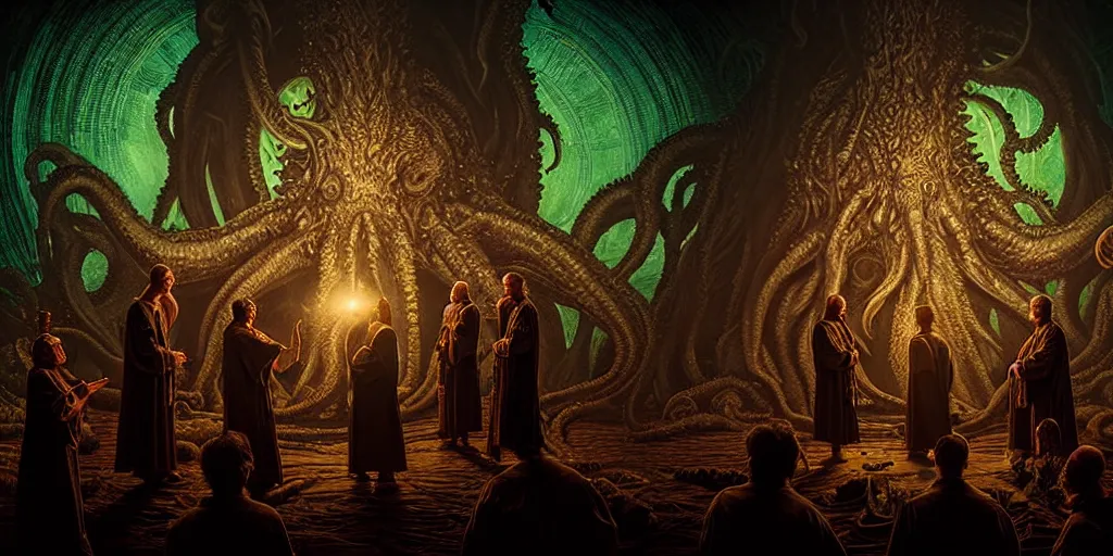 Prompt: portrait of circle group of priests invoking ritual in front of a giant cthulhu, intricate, glowing lights, highly detailed, sharp focus, wide - angle, atmospheric lighting, rich deep colors masterpiece, volumetric lighting, beautiful, rich deep colors masterpiece, sharp focus, ultra detailed by leesha hannigan, thierry doizon, kai carpenter