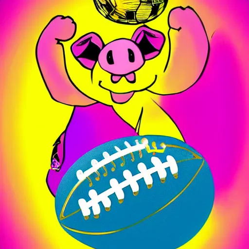 Prompt: lisa frank dashing pig wearing a simple gold throwing a football in the style of peter max