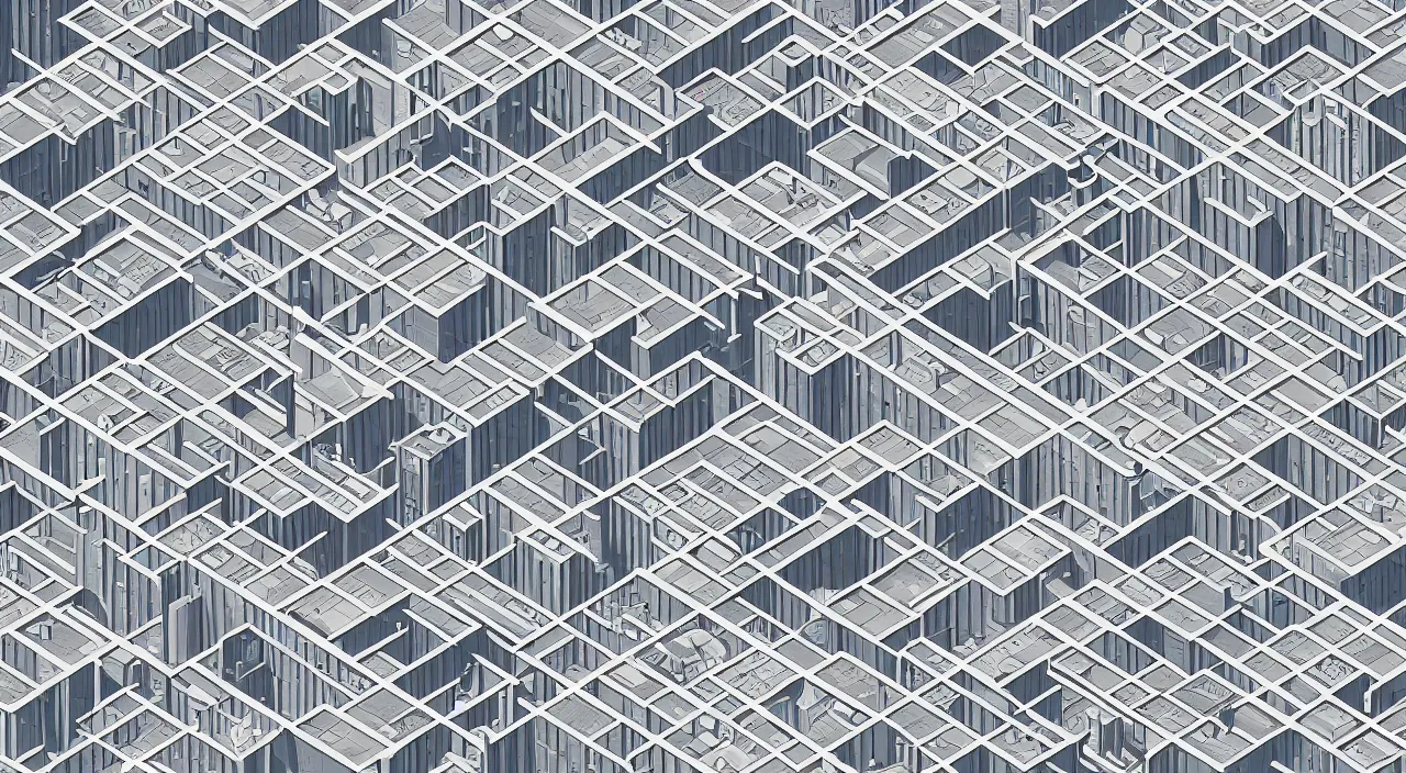 Prompt: isometric drawing of a fictional dense city, in style of charles williams, rem koolhaas, peter eisenman, pastel color palette