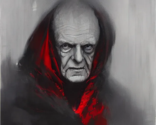 Image similar to portrait of emperor palpatine sidious ian mcdiarmid with a big hood in shades of grey but with red by jeremy mann